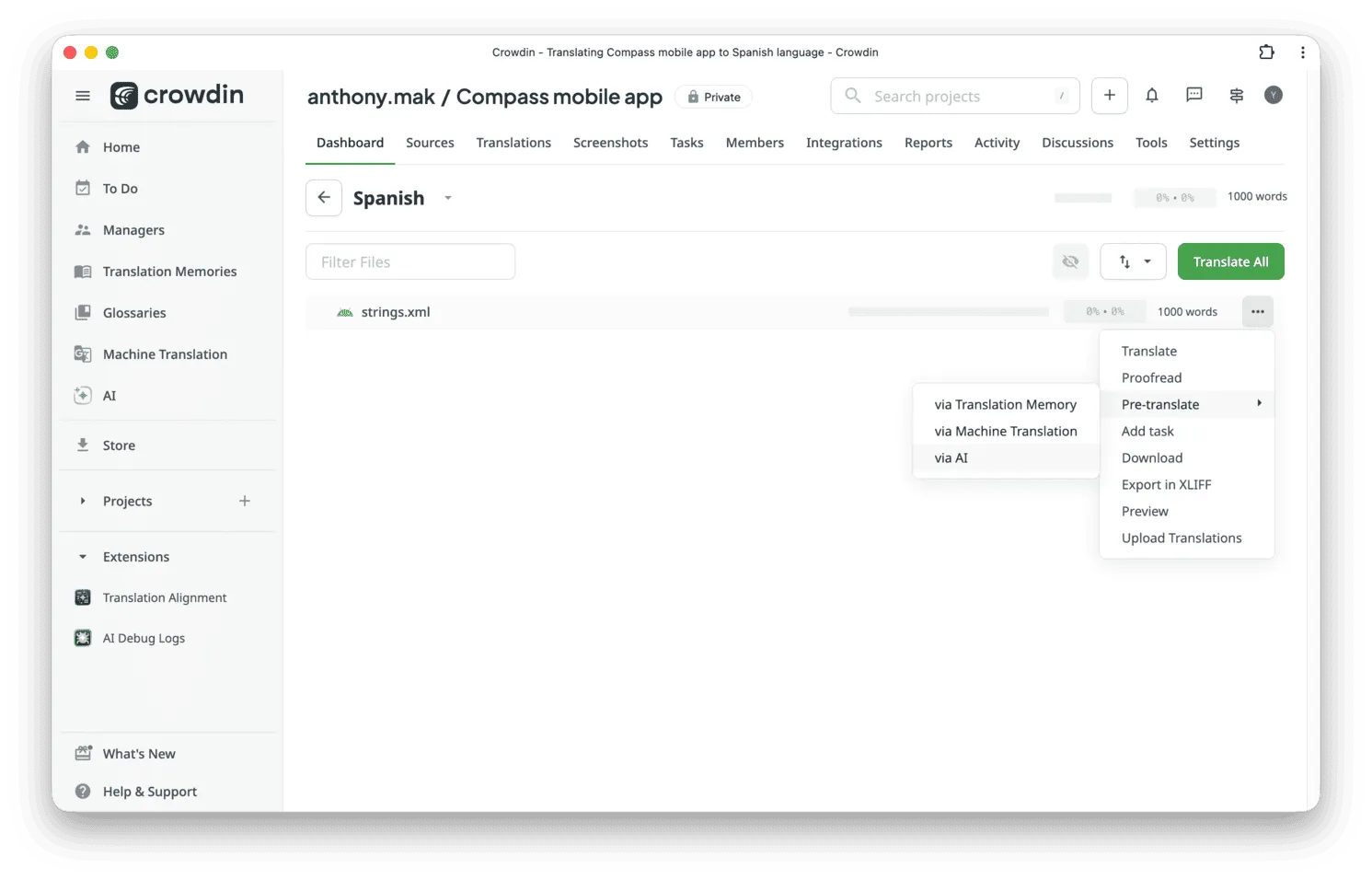 Translating Android strings via AI in Crowdin