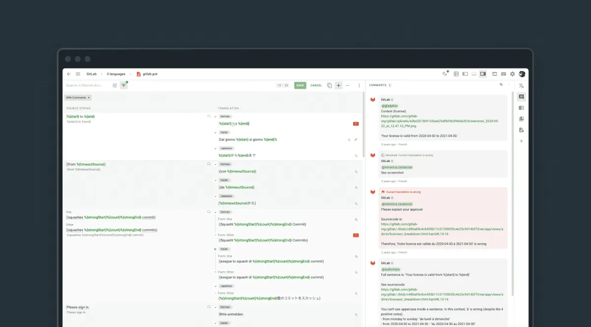 Screenshot from the Crowdin Editor